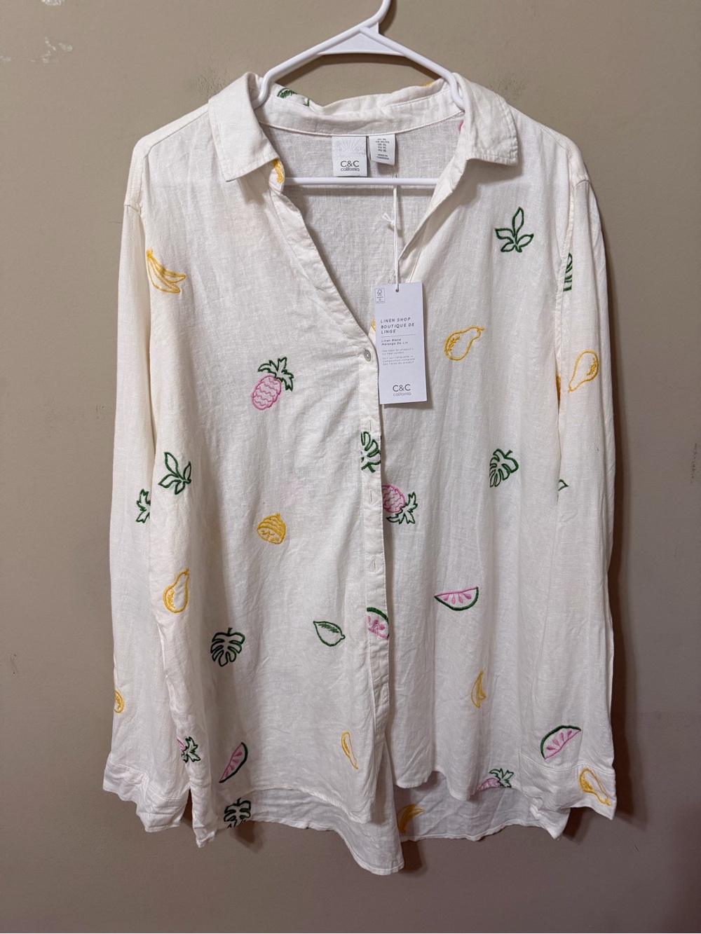C&C California Cream resort Embroidered Fruit Button-Front 100% linen xl nwt